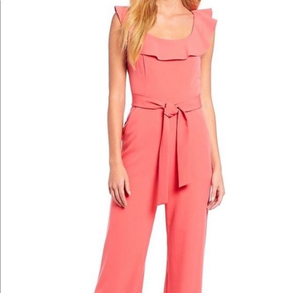 Antonio Melani Coral Pink sleeveless Ruffle Neck Crepe Jumpsuit